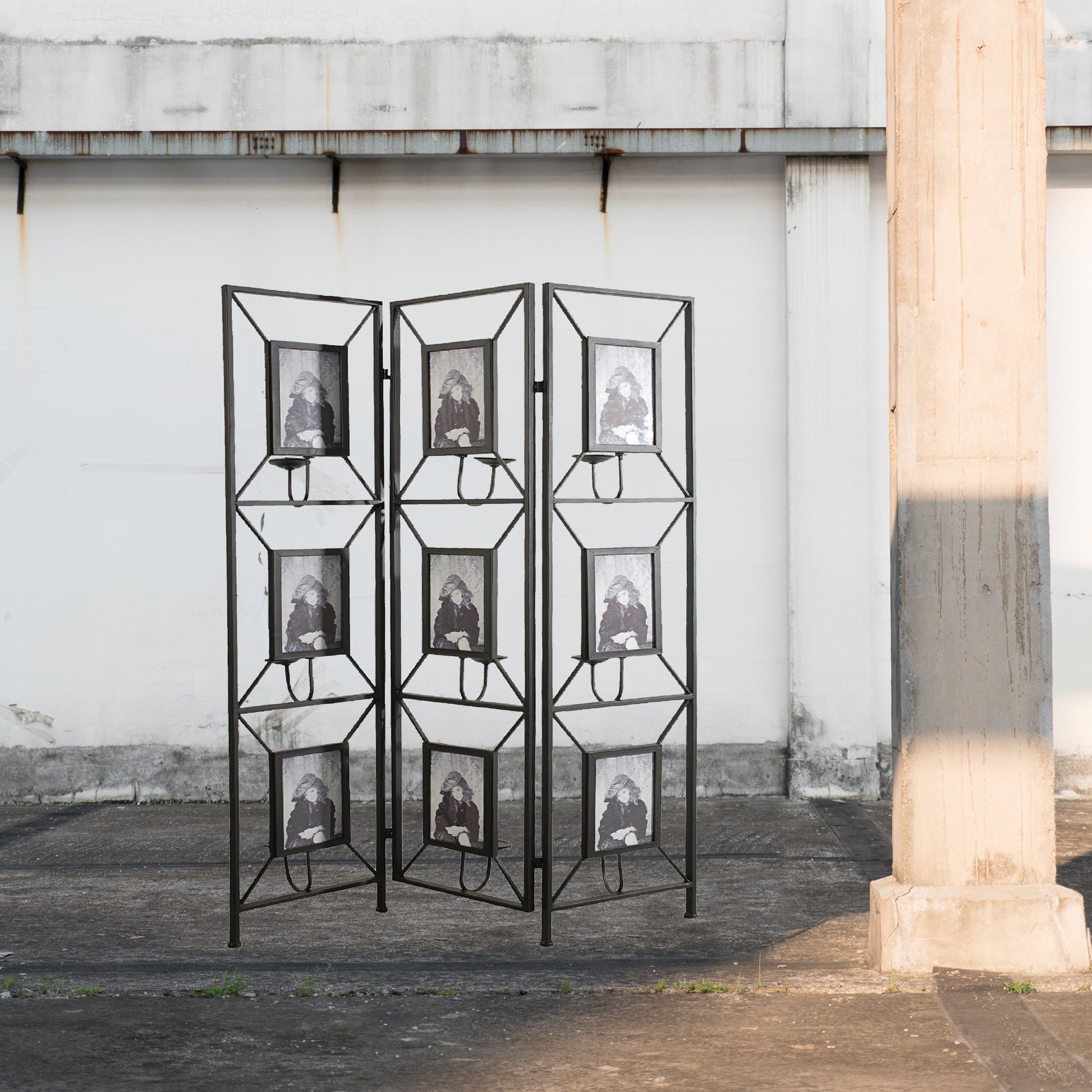 47X71" Room Photo Frames Screen Divider Screens, 3 Panel Decorative Screen With Photo Frames, Antique Mirror, Candle Stick Black Metal