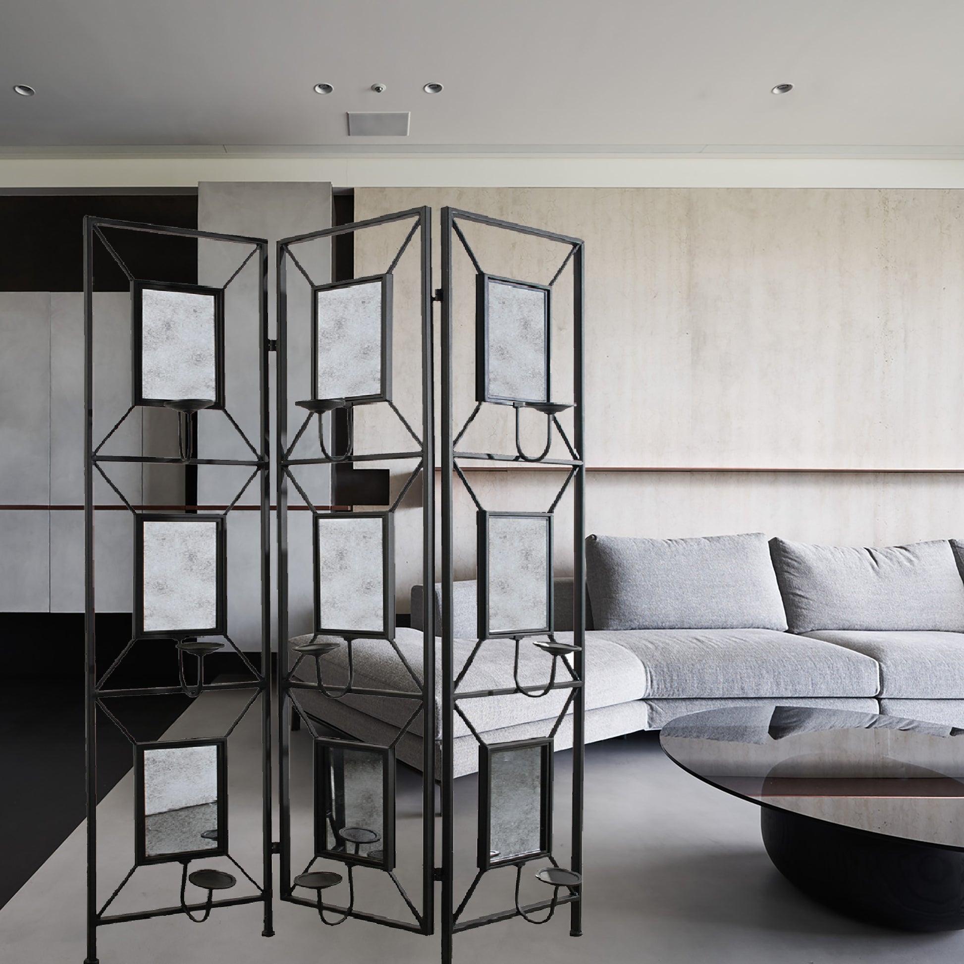 47X71" Room Photo Frames Screen Divider Screens, 3 Panel Decorative Screen With Photo Frames, Antique Mirror, Candle Stick Black Metal