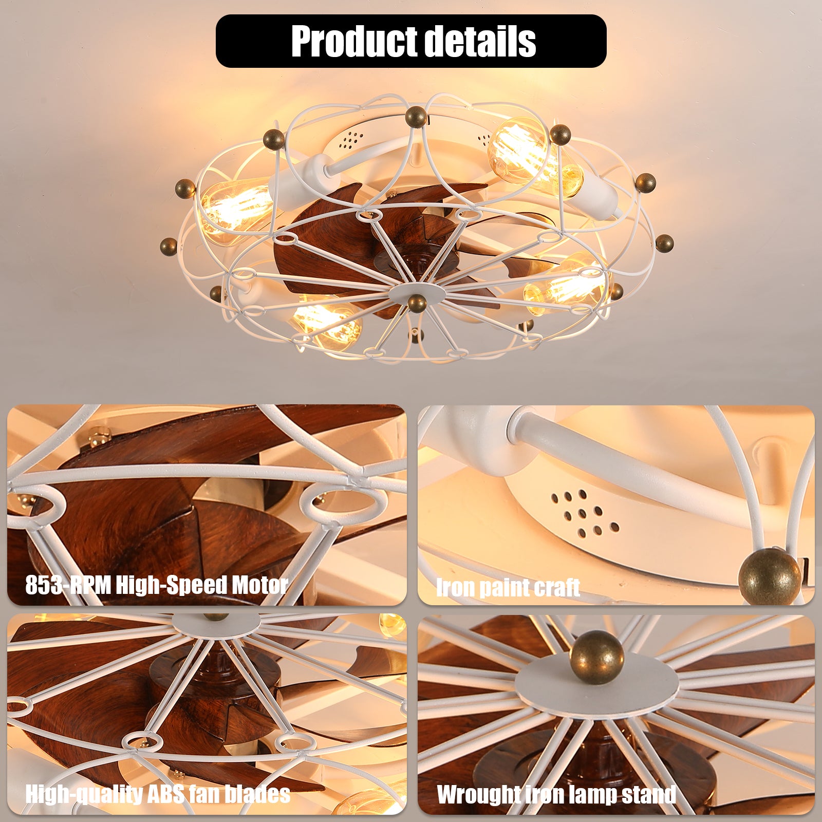 Low Profile Caged Ceiling Fan With Lights Remote Control, Embedded Modern Industrial Ceiling Fan White Modern Abs