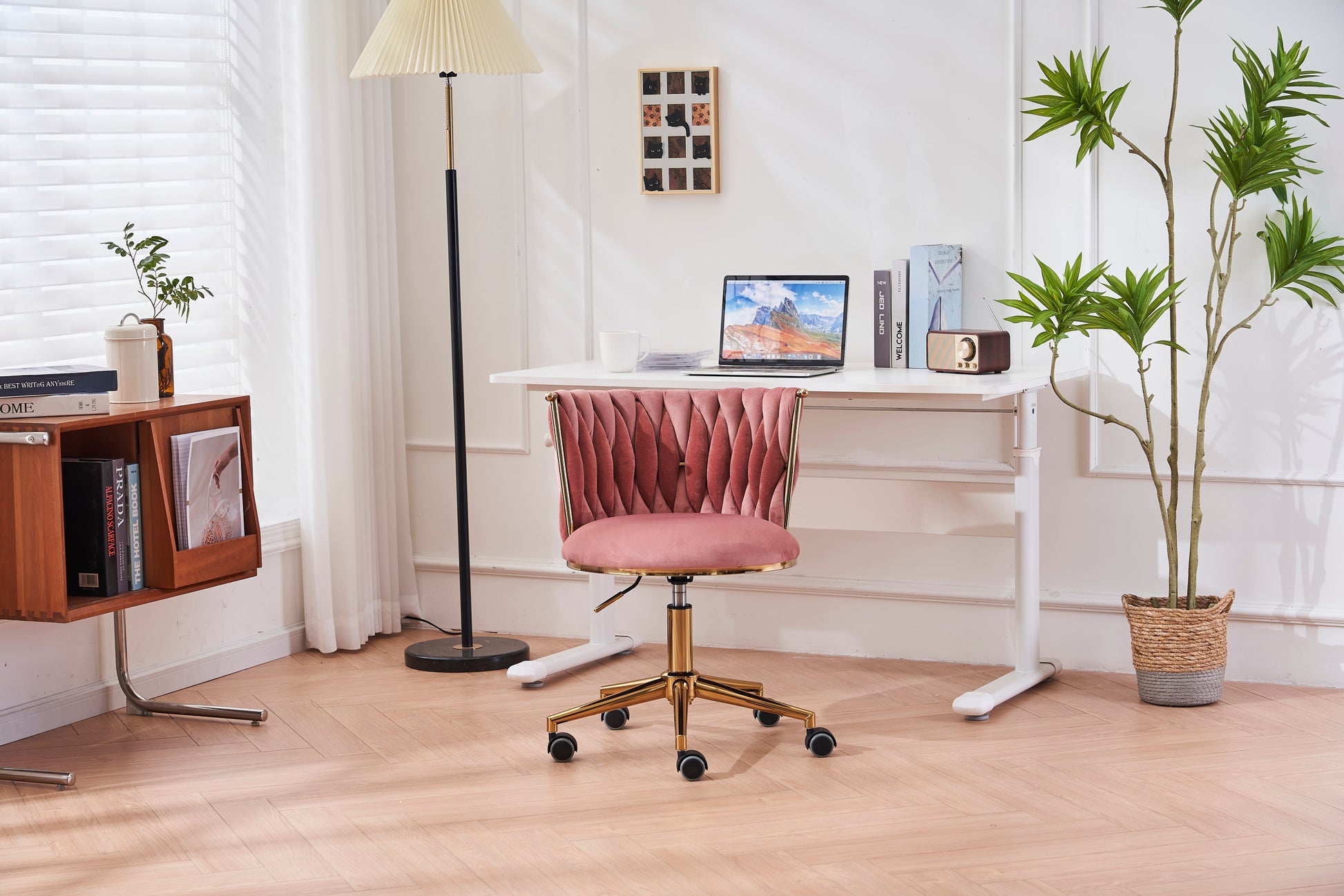 Office Desk Chair, Upholstered Home Office Desk Chairs With Adjustable Swivel Wheels, Ergonomic Office Chair For Living Room, Bedroom, Office, Vanity Study Pink Pink Office Modern Foam Velvet