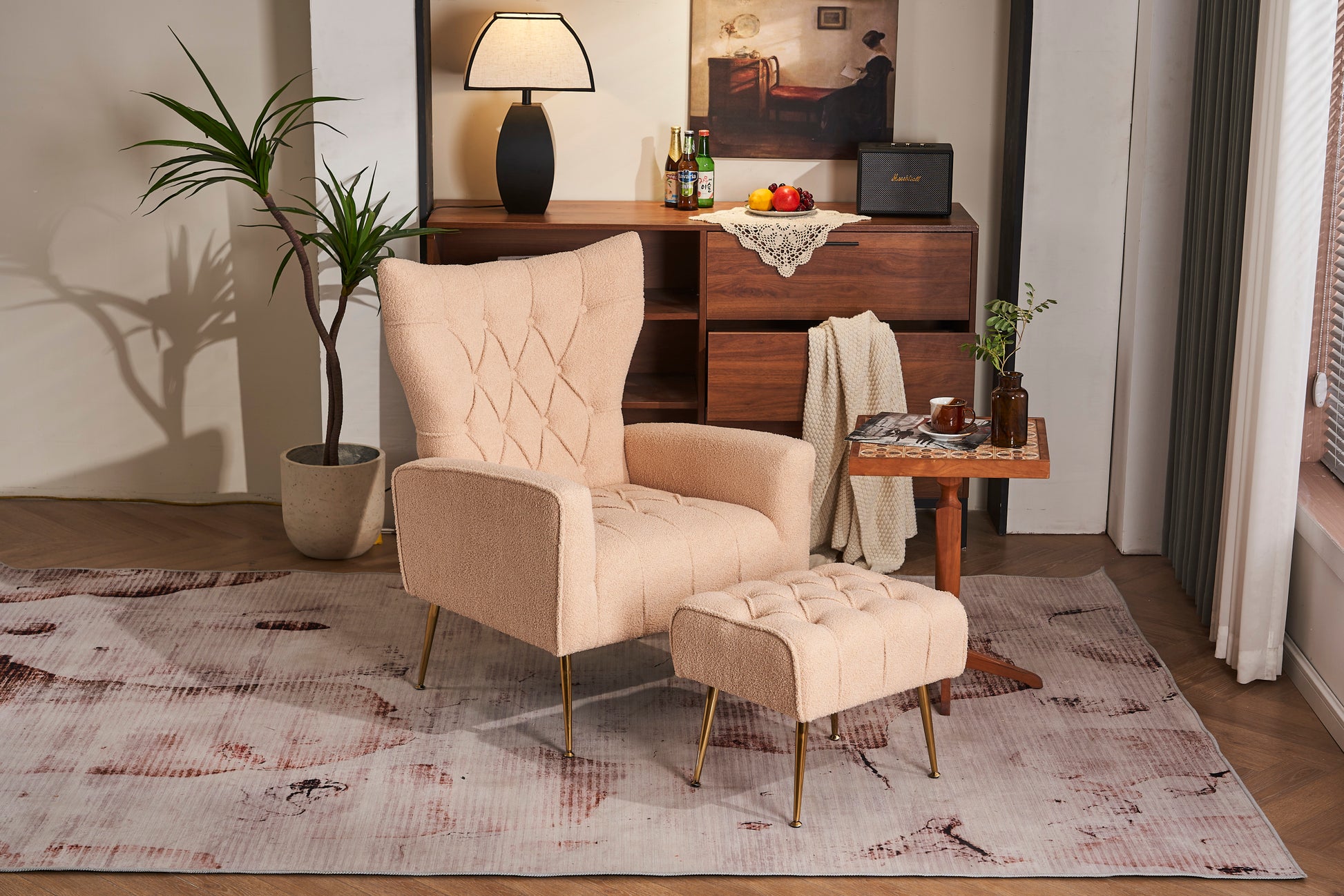 Modern Accent Chair With Ottoman, Comfy Armchair For Living Room, Bedroom, Apartment, Office Nude Cream Primary Living Space Classic Polyester