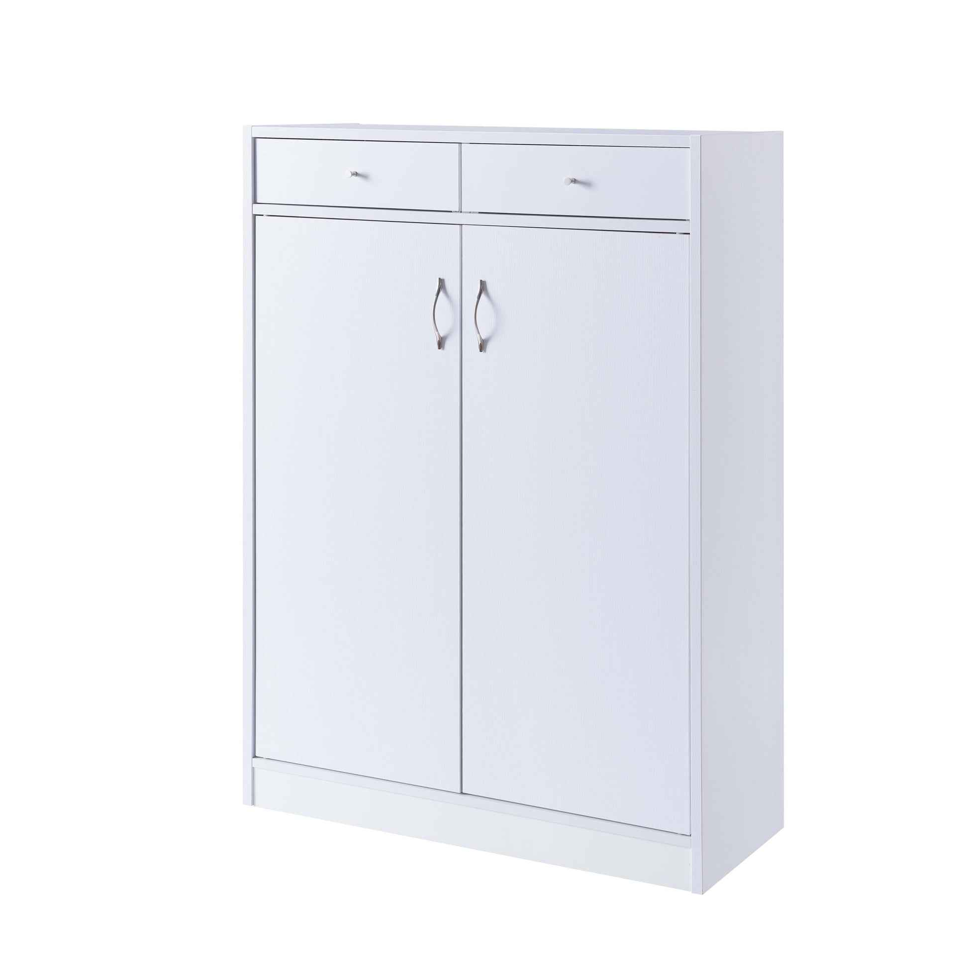 White Shoe Storage Cabinet With Fives Shelves, Two Drawers, Fits 15 Pairs Of Shoes White Particle Board
