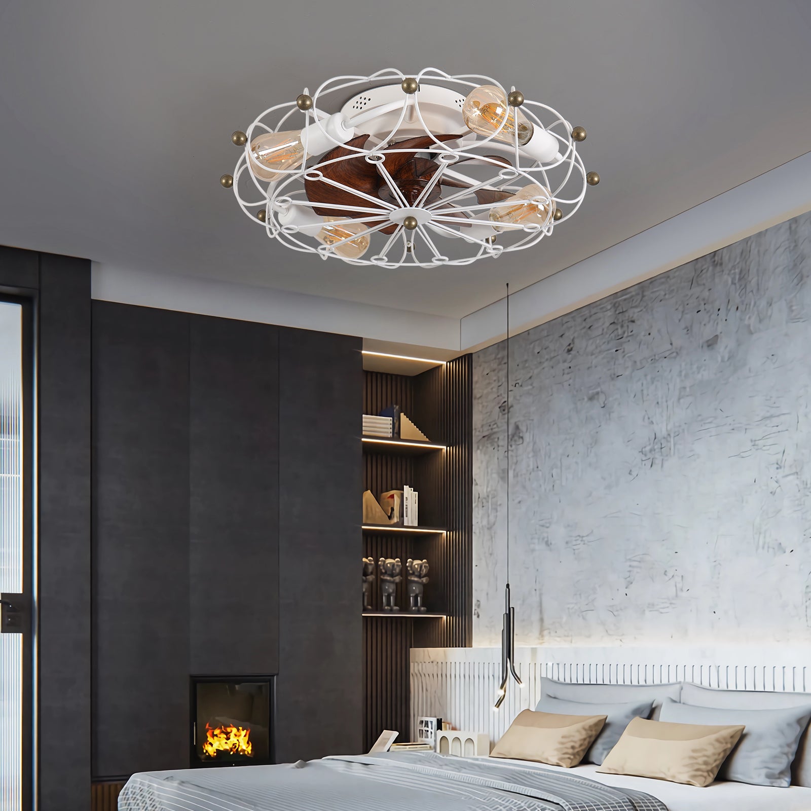 Low Profile Caged Ceiling Fan With Lights Remote Control, Embedded Modern Industrial Ceiling Fan White Modern Abs