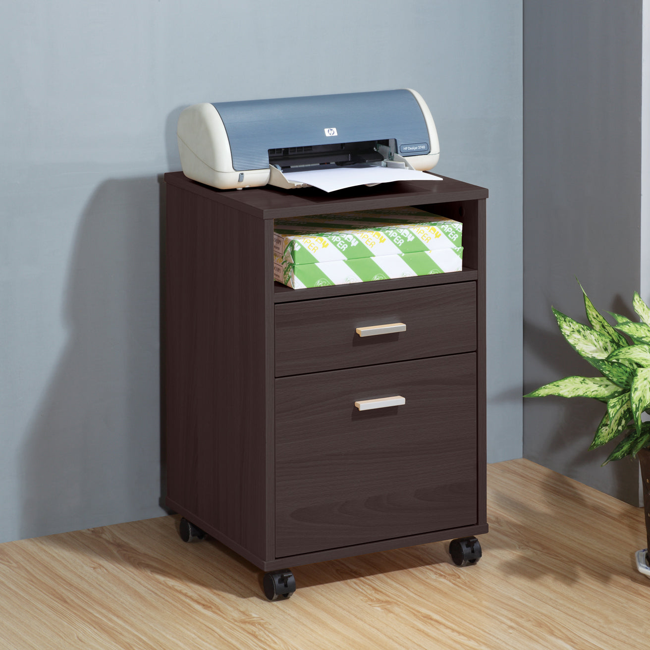 Home Office Desk With Modesty Panel And Detached File Cabinet On Locking Wheels With Two Drawers File Drawer Cubby Shelf Metal Bar Handle Red Cocoa Color Espresso Particle Board Mdf