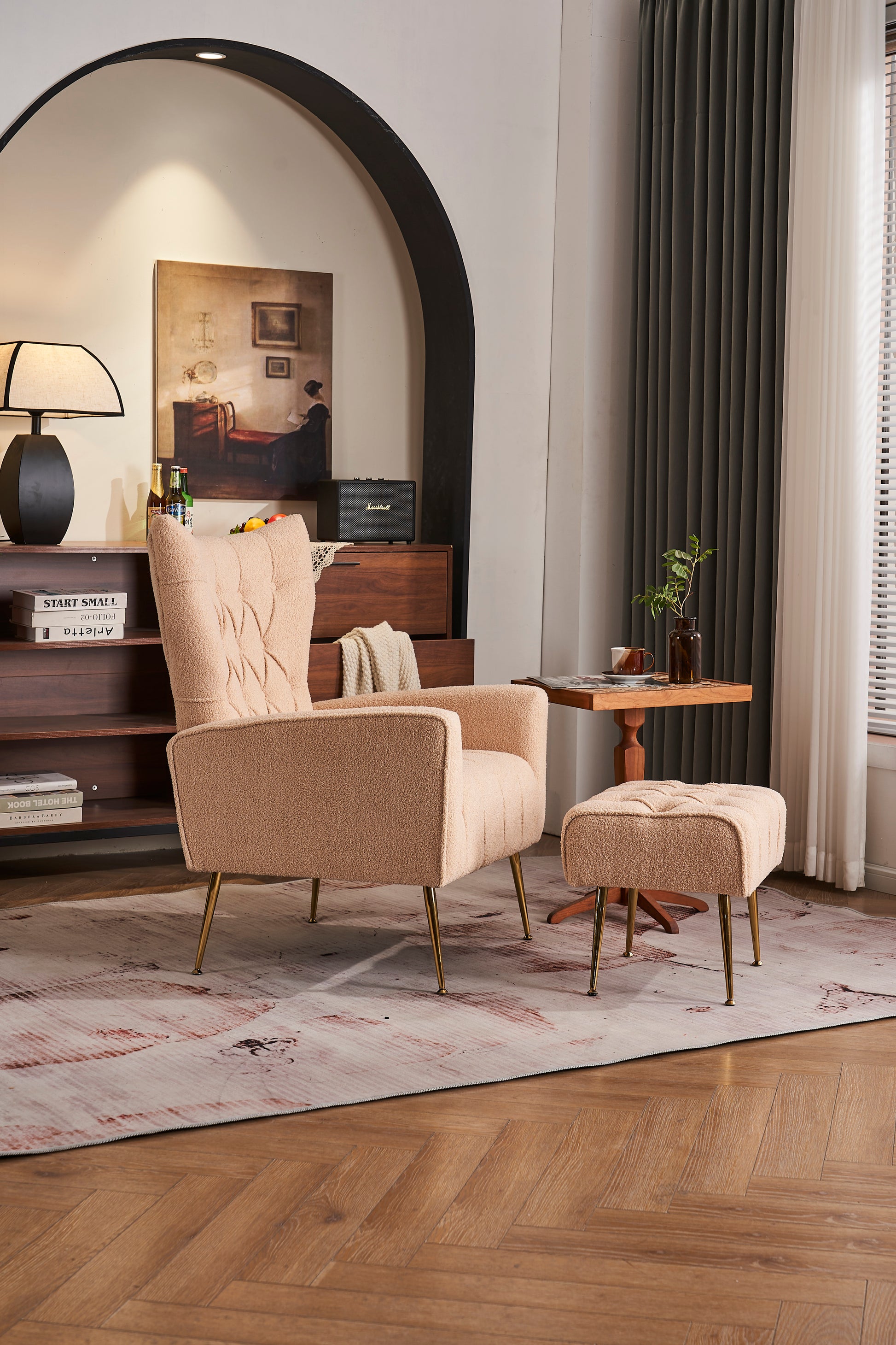 Modern Accent Chair With Ottoman, Comfy Armchair For Living Room, Bedroom, Apartment, Office Nude Cream Primary Living Space Classic Polyester