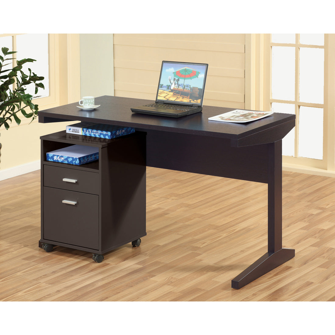 Home Office Desk With Modesty Panel And Detached File Cabinet On Locking Wheels With Two Drawers File Drawer Cubby Shelf Metal Bar Handle Red Cocoa Color Espresso Particle Board Mdf