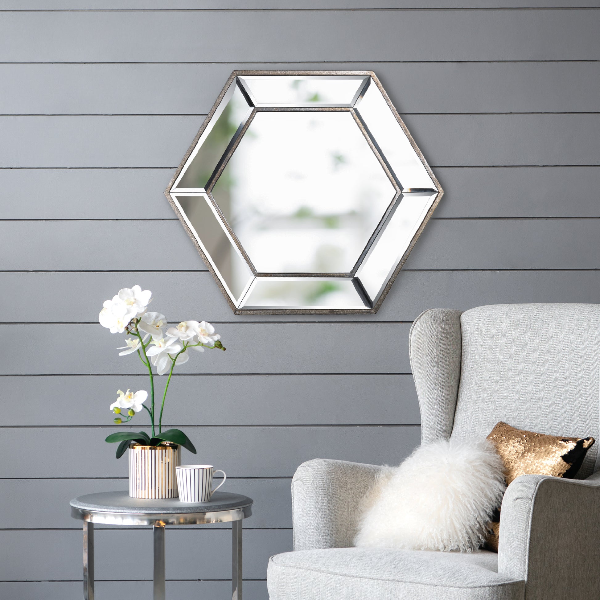 20" X 18" Hexagon Wall Mirror With Contemporary Glass Design, Home Decor Accent Mirror For Living Room, Entryway, Bedroom Silver Mdf Glass