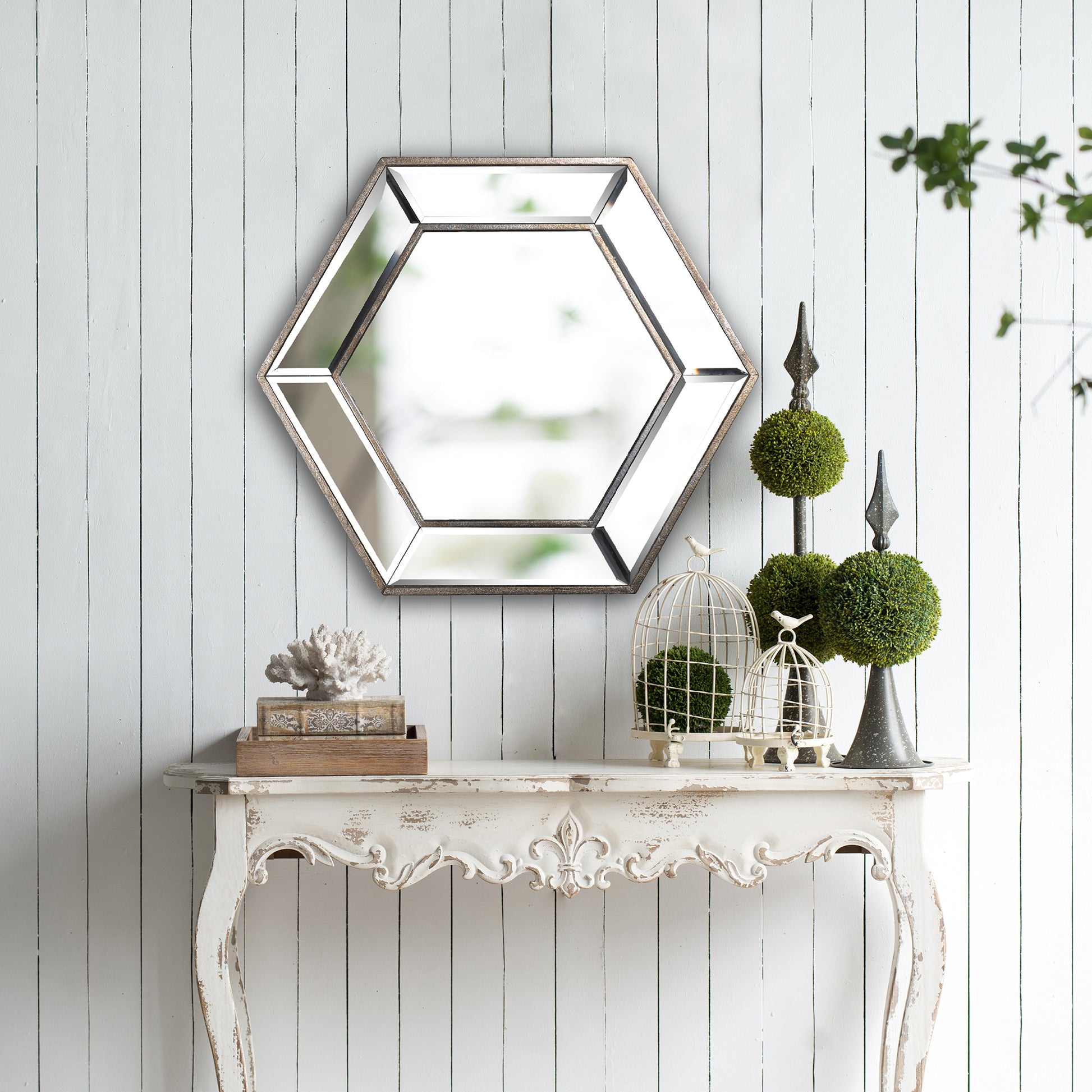 20" X 18" Hexagon Wall Mirror With Contemporary Glass Design, Home Decor Accent Mirror For Living Room, Entryway, Bedroom Silver Mdf Glass
