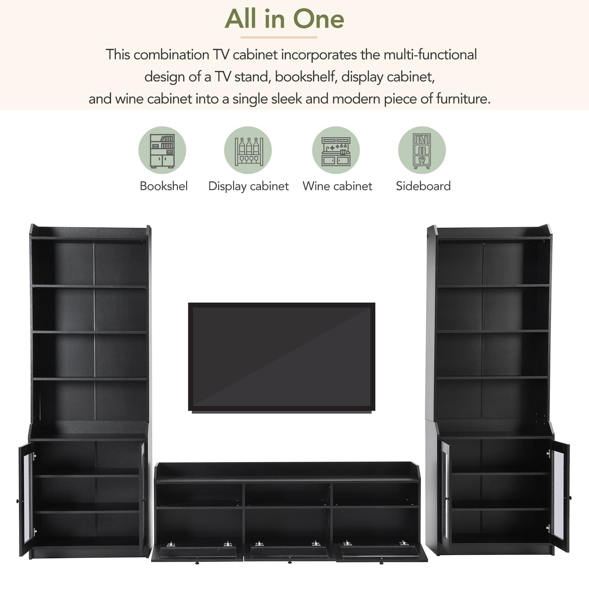 Chic Elegant Entertainment Wall Unit With Tall Cabinets, Modern Tv Console Table For Tvs Up To 65", Multifunctional Tv Stand Set With Acrylic Board Door, Black Black Primary Living Space 60 69 Inches 60 69 Inches 65 Inches Particle Board