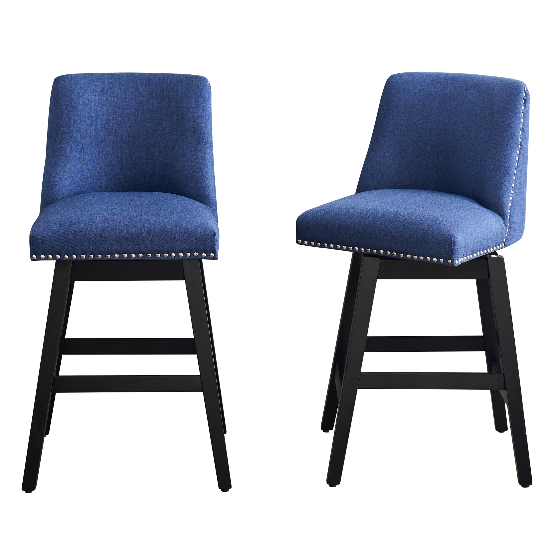 26" Upholstered Swivel Bar Stools Set Of 2, Modern Linen Fabric High Back Counter Stools With Nail Head Design And Wood Frame Rubberwood Dark Blue Brown Dining Room Sponge American Traditional Bar Stools Rubberwood Upholstered Fabric