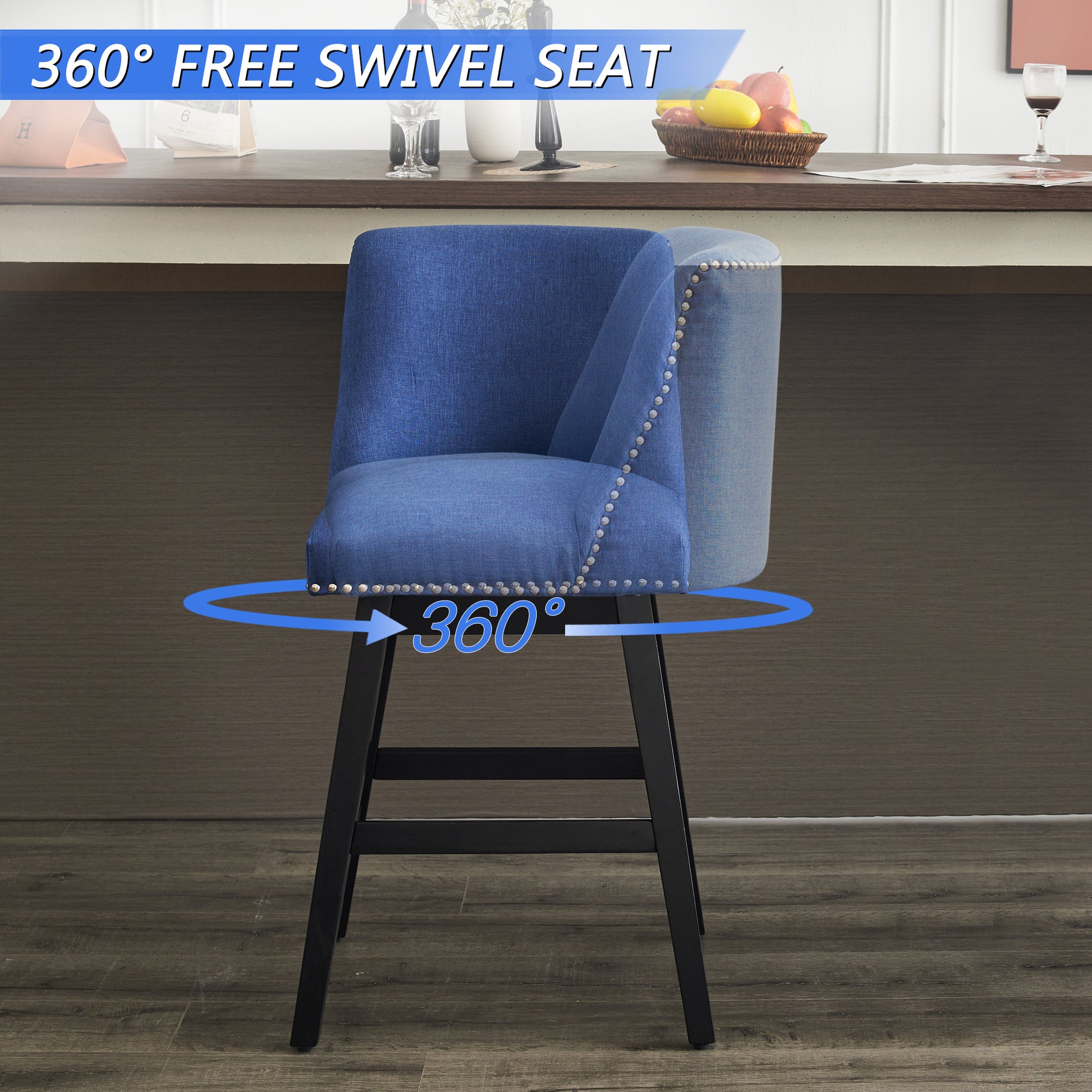 26" Upholstered Swivel Bar Stools Set Of 2, Modern Linen Fabric High Back Counter Stools With Nail Head Design And Wood Frame Rubberwood Dark Blue Brown Dining Room Sponge American Traditional Bar Stools Rubberwood Upholstered Fabric