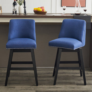 26" Upholstered Swivel Bar Stools Set Of 2, Modern Linen Fabric High Back Counter Stools With Nail Head Design And Wood Frame Rubberwood Dark Blue Brown Dining Room Sponge American Traditional Bar Stools Rubberwood Upholstered Fabric