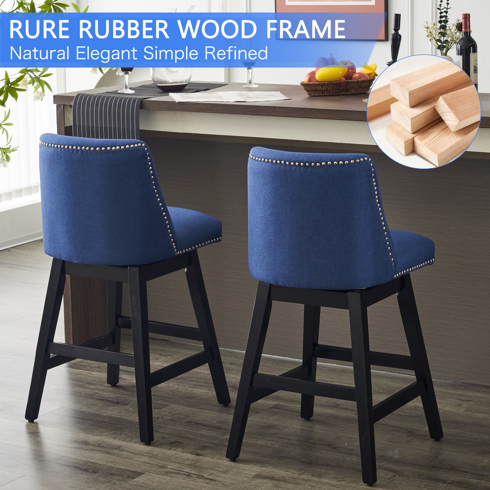 26" Upholstered Swivel Bar Stools Set Of 2, Modern Linen Fabric High Back Counter Stools With Nail Head Design And Wood Frame Rubberwood Dark Blue Brown Dining Room Sponge American Traditional Bar Stools Rubberwood Upholstered Fabric