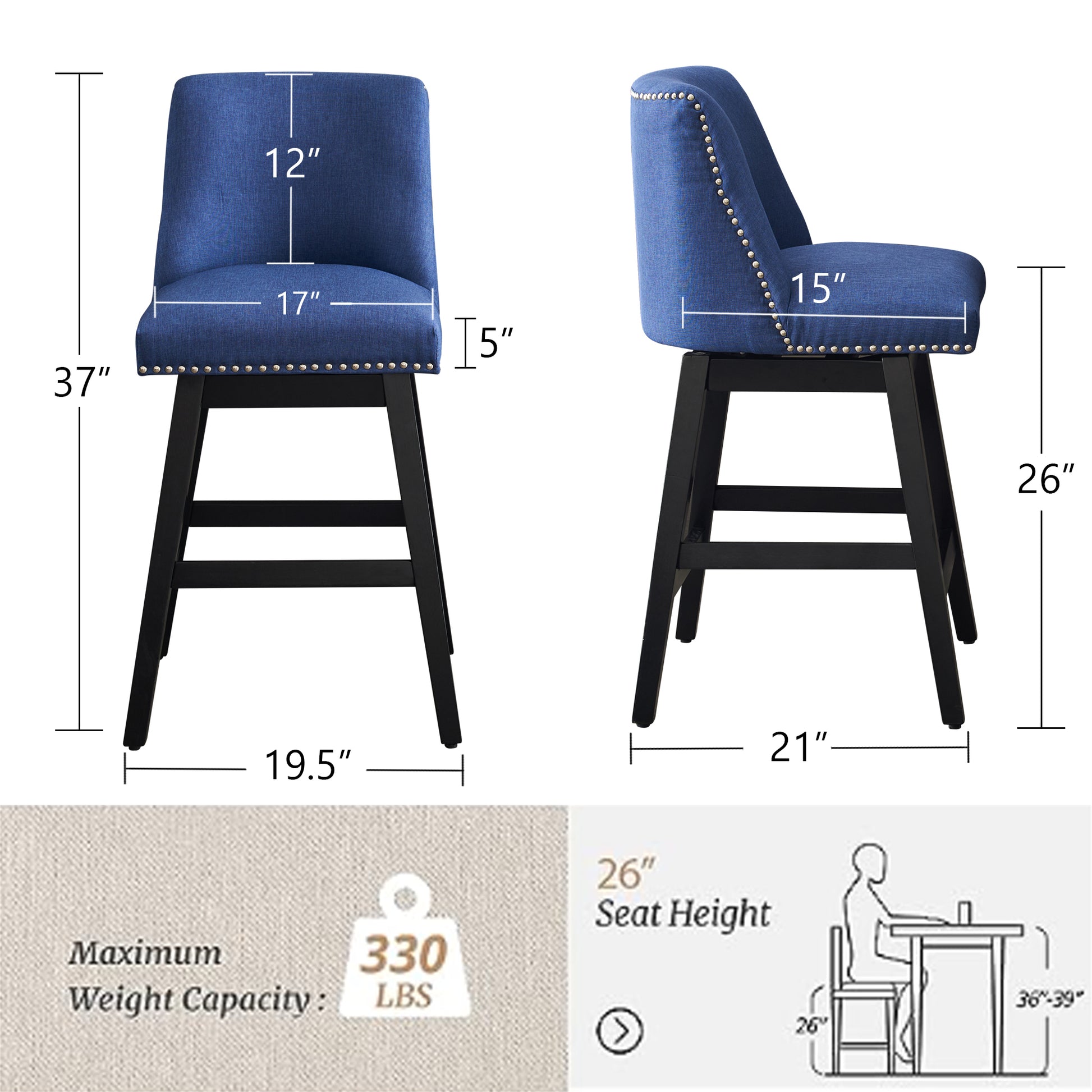 26" Upholstered Swivel Bar Stools Set Of 2, Modern Linen Fabric High Back Counter Stools With Nail Head Design And Wood Frame Rubberwood Dark Blue Brown Dining Room Sponge American Traditional Bar Stools Rubberwood Upholstered Fabric