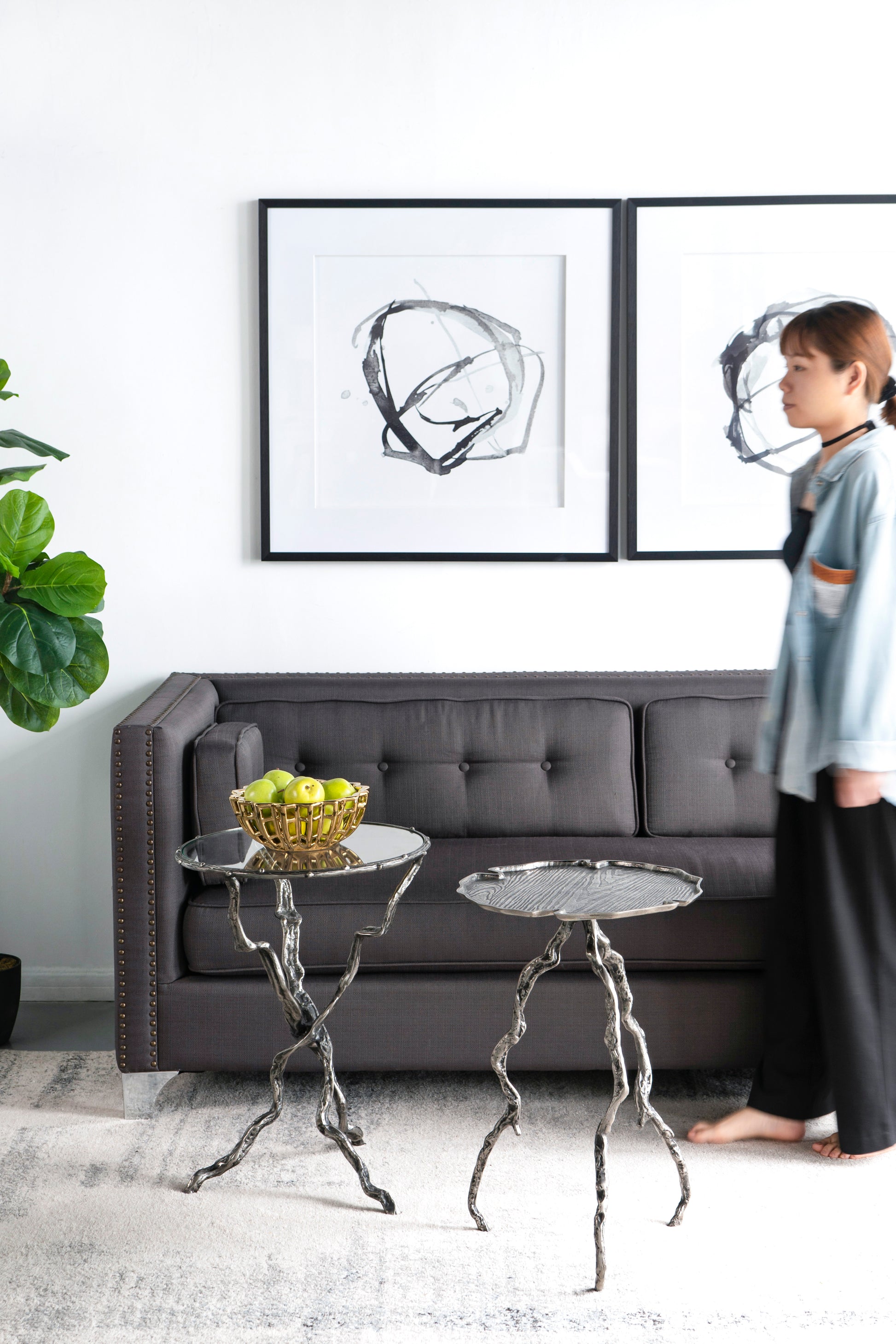 Set Of 2 Modern Abstract Wall Art, Square Framed Wall Art, 31.5" X 31.5" Black Plastic