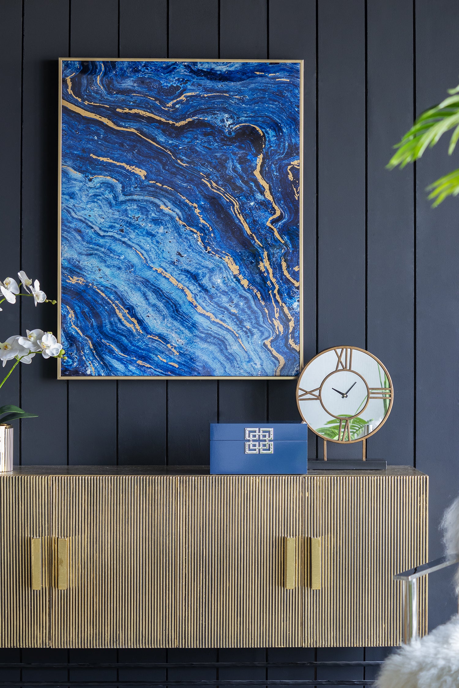 Set Of 2 Blue And Gold Framed Art Panels, Unique Marbled Design, 30.5" X 40" Blue Mdf