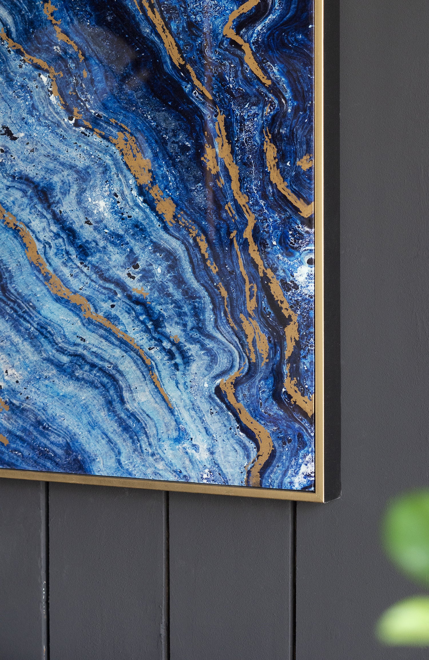 Set Of 2 Blue And Gold Framed Art Panels, Unique Marbled Design, 30.5" X 40" Blue Mdf