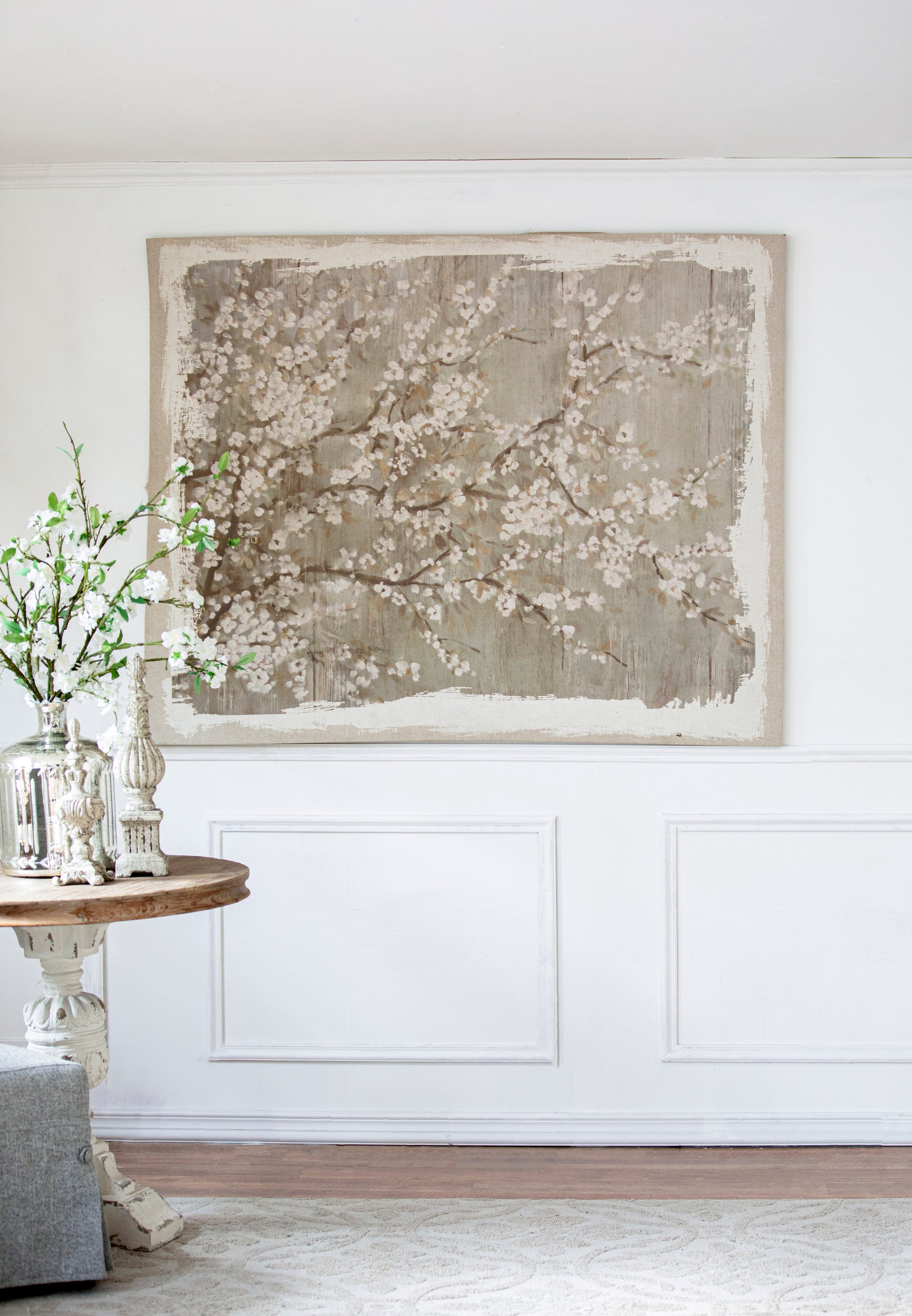 60" X 48" Large Cherry Blossom Canvas Art Print, Home Decor Accent Piece Gray White Matte Mdf
