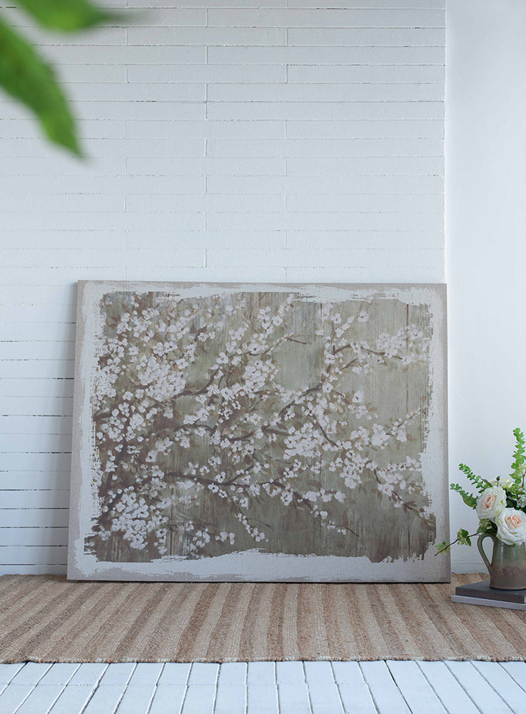 60" X 48" Large Cherry Blossom Canvas Art Print, Home Decor Accent Piece Gray White Matte Mdf