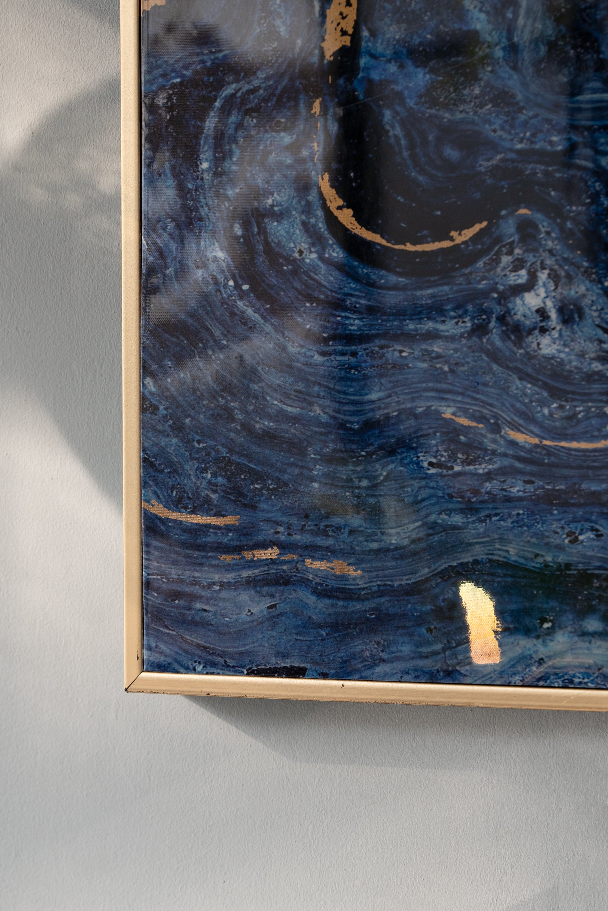 Set Of 2 Blue And Gold Framed Art Panels, Unique Marbled Design, 30.5" X 40" Blue Mdf