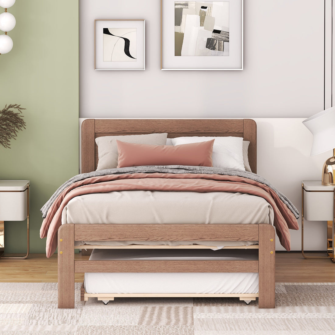 Modern Design Wooden Twin Size Platform Bed Frame With Trundle For Walnut Color Walnut Rubber Wood