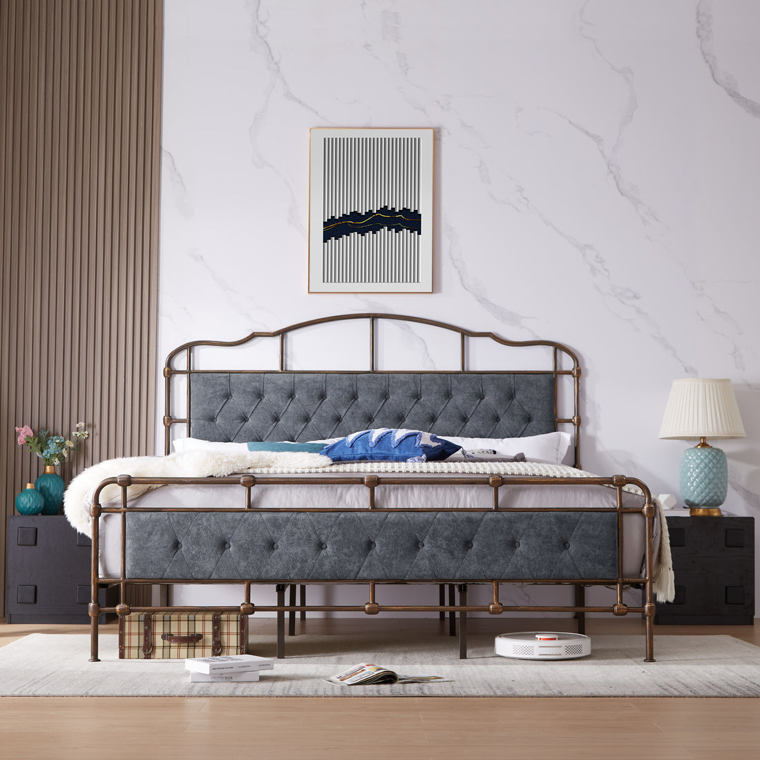 King Size High Boad Metal Bed With Soft Head And Tail, No Spring, Easy To Assemble, No Noise Box Spring Not Required King Dark Gray Metal Bedroom Bed Frame Foam Velvet Metal