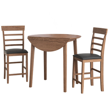 3Pcs Retro Round Counter Height Drop Leaf Table With 2 Upholstered Chairs Rubber Wood Dining Table Set Pub Set With Pu Leather Cushion For Small Space Kitchen Walnut Color Walnut Rubber Wood