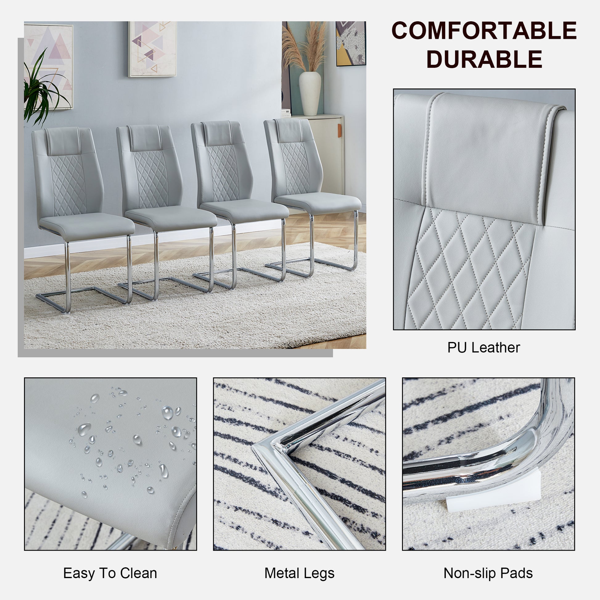 Modern Dining Chairs With Faux Leather Padded Seat Dining Living Room Chairs Upholstered Chair With Metal Legs Design For Living, Bedroom, Dining Room Side Chairs Set Of 8 Light Gray Pu C 001 Light