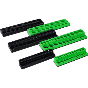 Magnetic Socket Organizer Set, 6 Piece Socket Holder Set Includes 1 4", 3 8", 1 2" Drive Metric Sae Socket Trays, Holds 141 Pieces Standard Size And Deep Size Sockets Socket Not Included ,Green And Bl Black Plastic