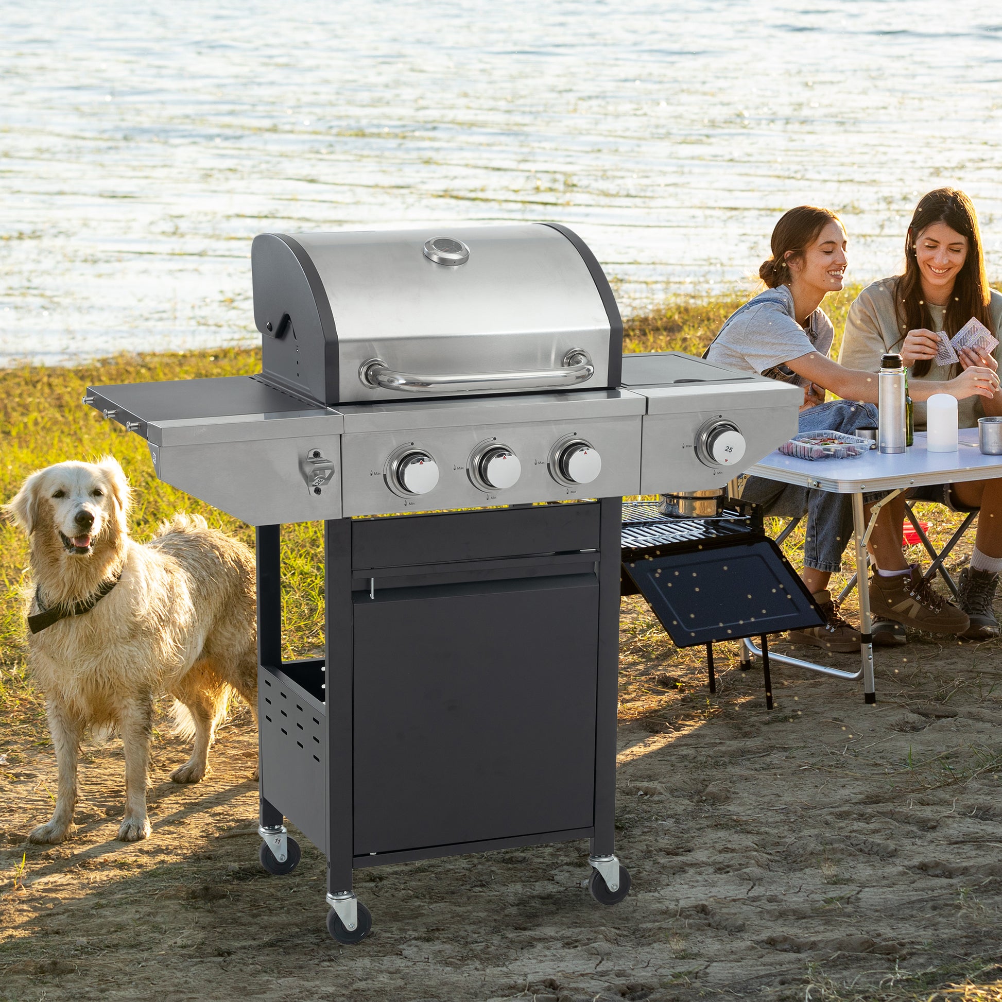 Propane Grill 3 Burner Barbecue Grill Stainless Steel Gas Grill With Side Burner, 37,000 Btu Outdoor Cooking, Patio, Garden Barbecue Grill, Black And Silver Silver Stainless Steel