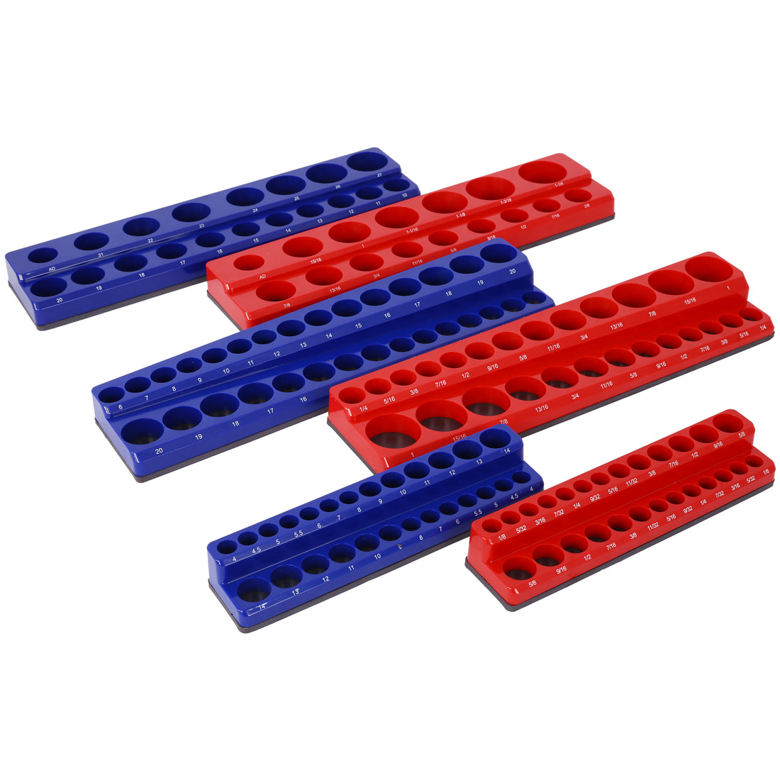 Magnetic Socket Organizer Set, 6 Piece Socket Holder Set Includes 1 4", 3 8", 1 2" Drive Metric Sae Socket Trays, Holds 141 Pieces Standard Size And Deep Size Sockets Socket Not Included ,Red And Blue Red Plastic