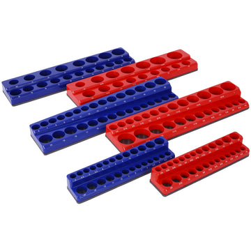Magnetic Socket Organizer Set, 6 Piece Socket Holder Set Includes 1 4", 3 8", 1 2" Drive Metric Sae Socket Trays, Holds 141 Pieces Standard Size And Deep Size Sockets Socket Not Included ,Red And Blue Red Plastic