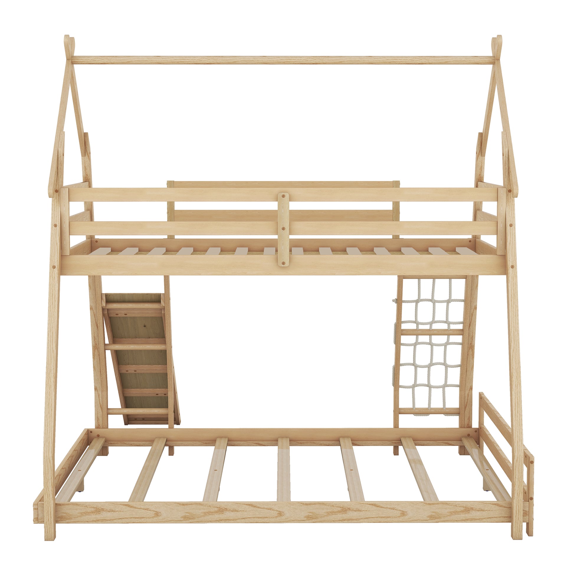 Twin Over Queen House Bunk Bed With Climbing Nets And Climbing Ramp, Natural Box Spring Not Required Natural Wood Bedroom Bunk Solid Wood Mdf