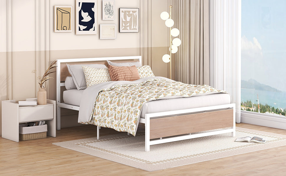 Queen Size Platform Bed, Metal And Wood Bed Frame With Headboard And Footboardwhite White Metal & Wood