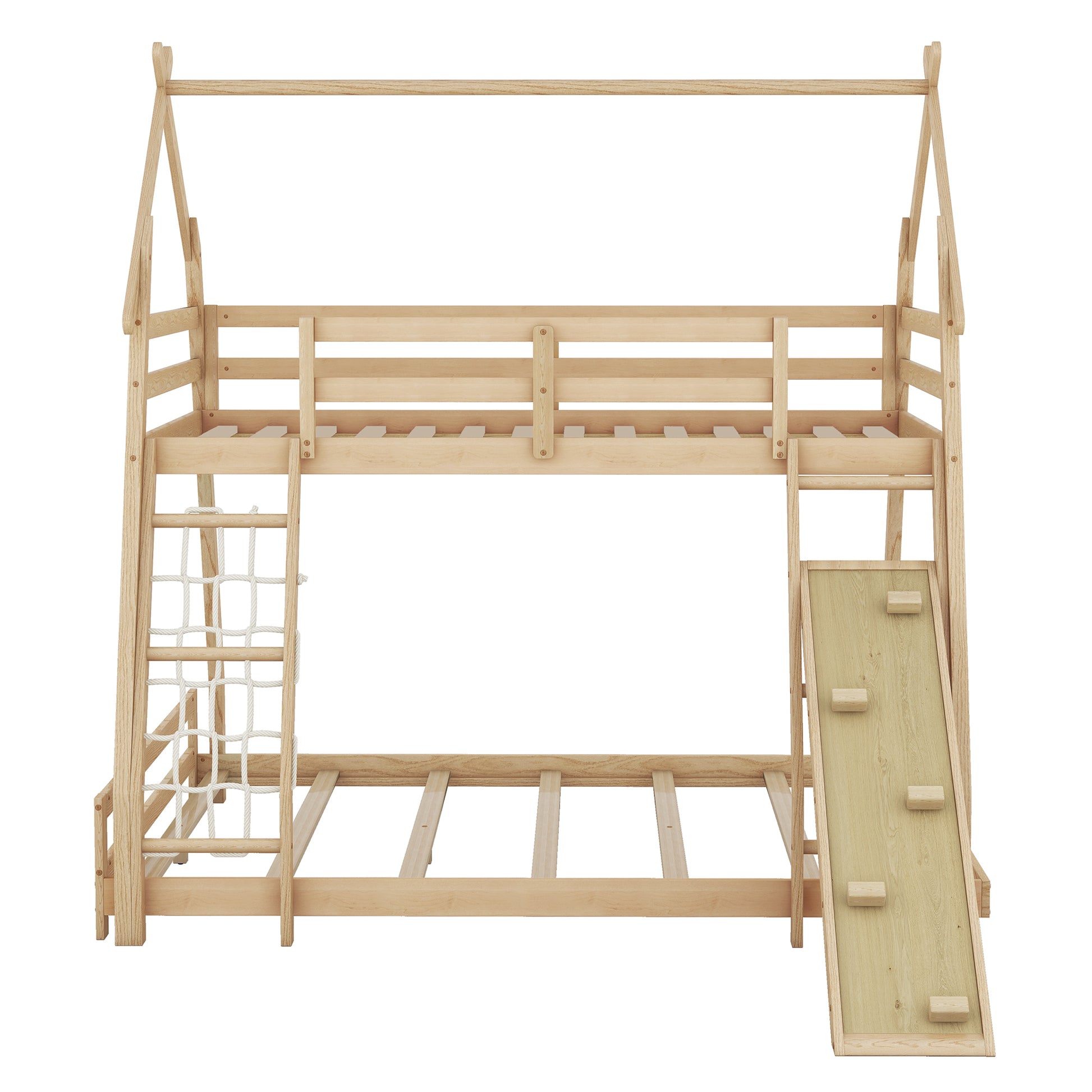Twin Over Queen House Bunk Bed With Climbing Nets And Climbing Ramp, Natural Box Spring Not Required Natural Wood Bedroom Bunk Solid Wood Mdf