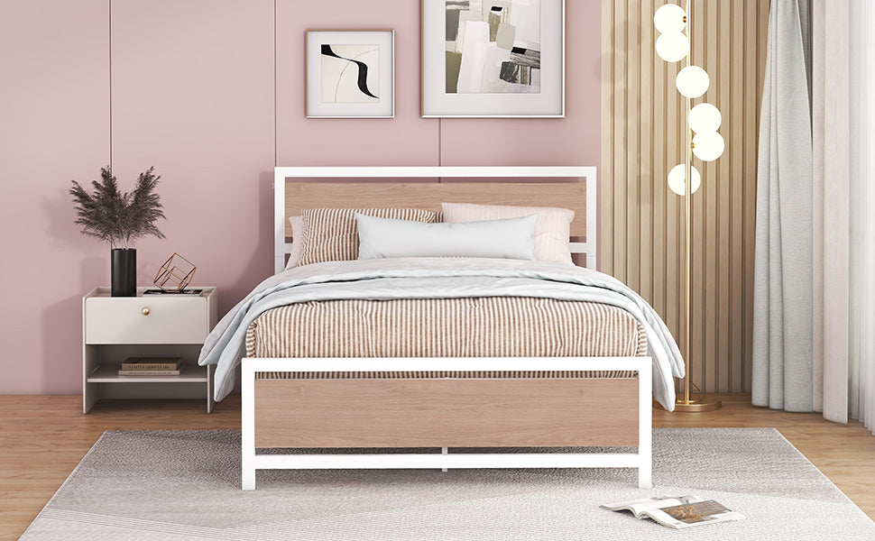 Full Size Platform Bed, Metal And Wood Bed Frame With Headboard And Footboardwhite White Metal & Wood
