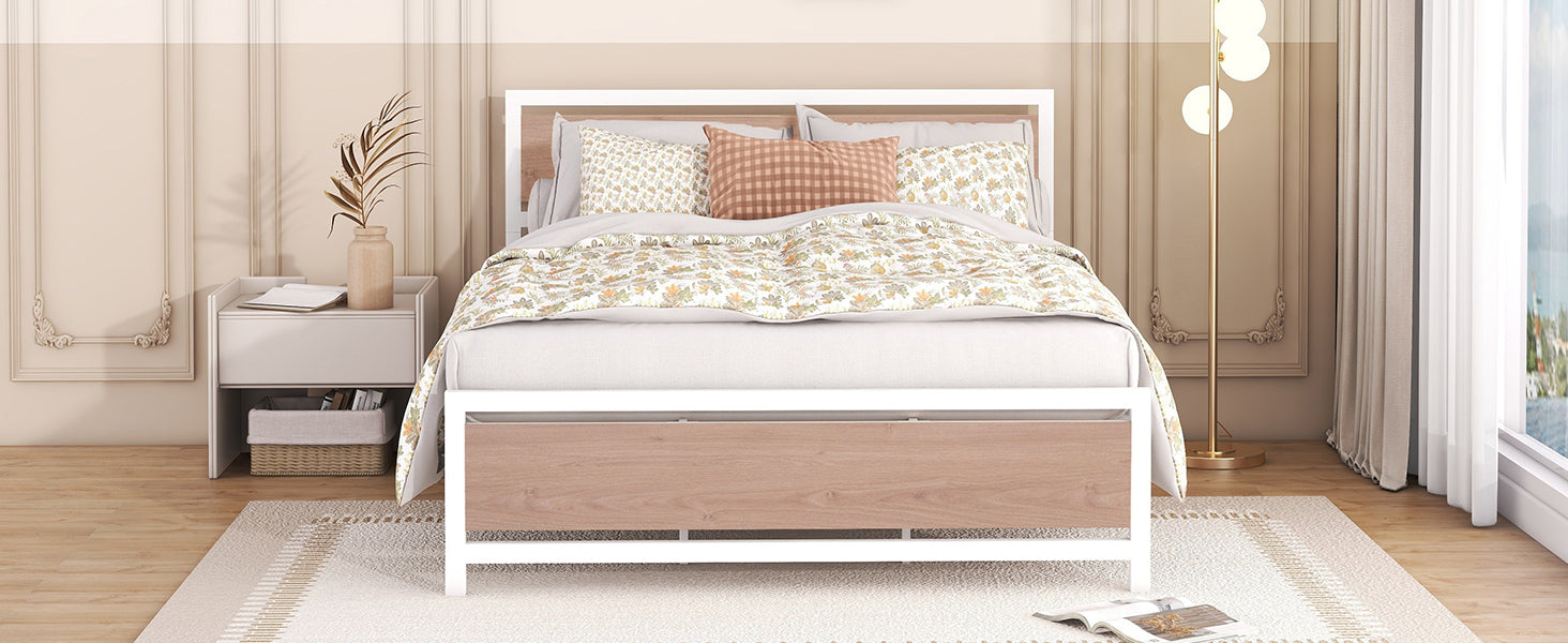 Queen Size Platform Bed, Metal And Wood Bed Frame With Headboard And Footboardwhite White Metal & Wood