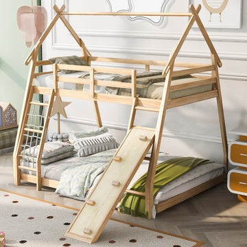 Twin Over Queen House Bunk Bed With Climbing Nets And Climbing Ramp, Natural Box Spring Not Required Natural Wood Bedroom Bunk Solid Wood Mdf
