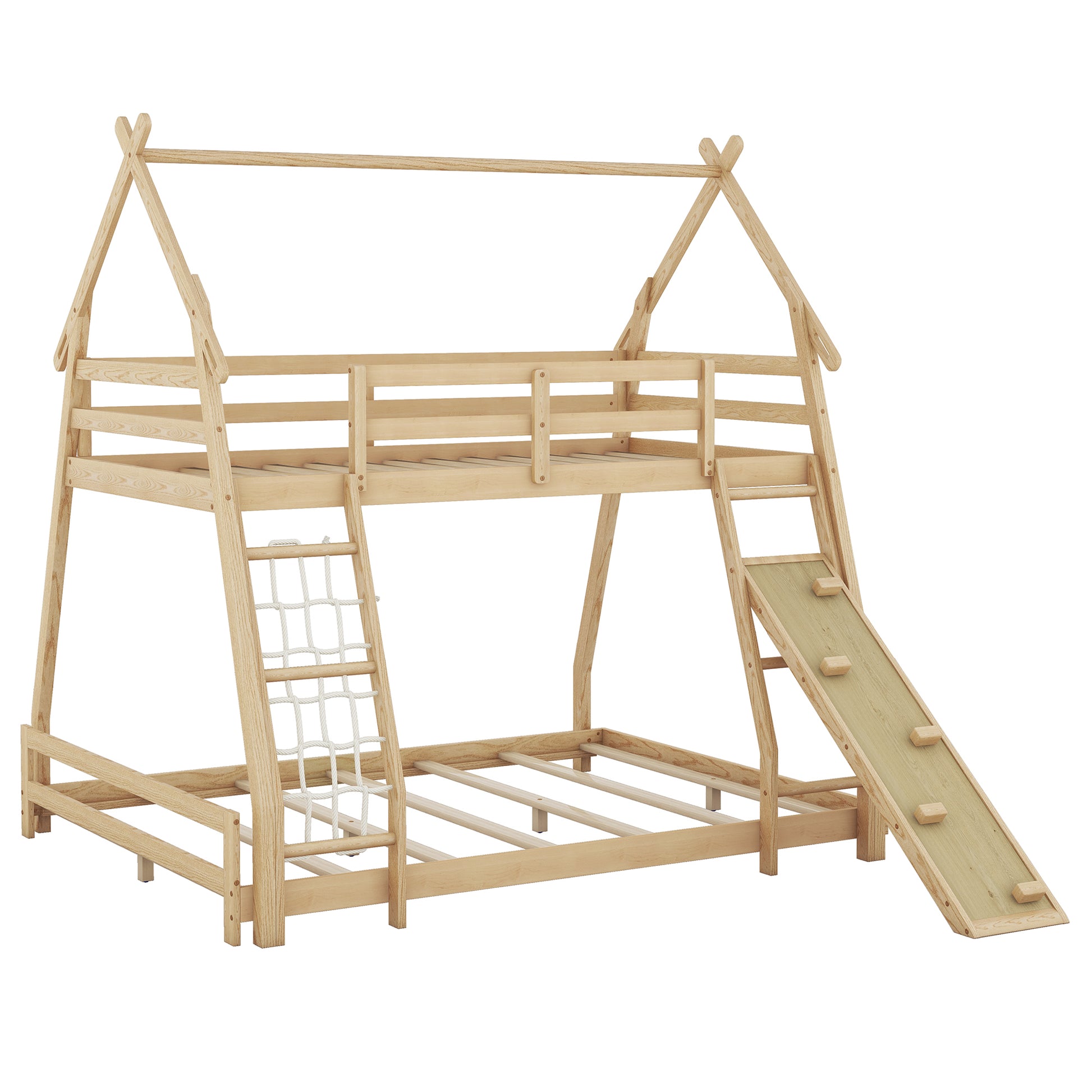 Twin Over Queen House Bunk Bed With Climbing Nets And Climbing Ramp, Natural Box Spring Not Required Natural Wood Bedroom Bunk Solid Wood Mdf