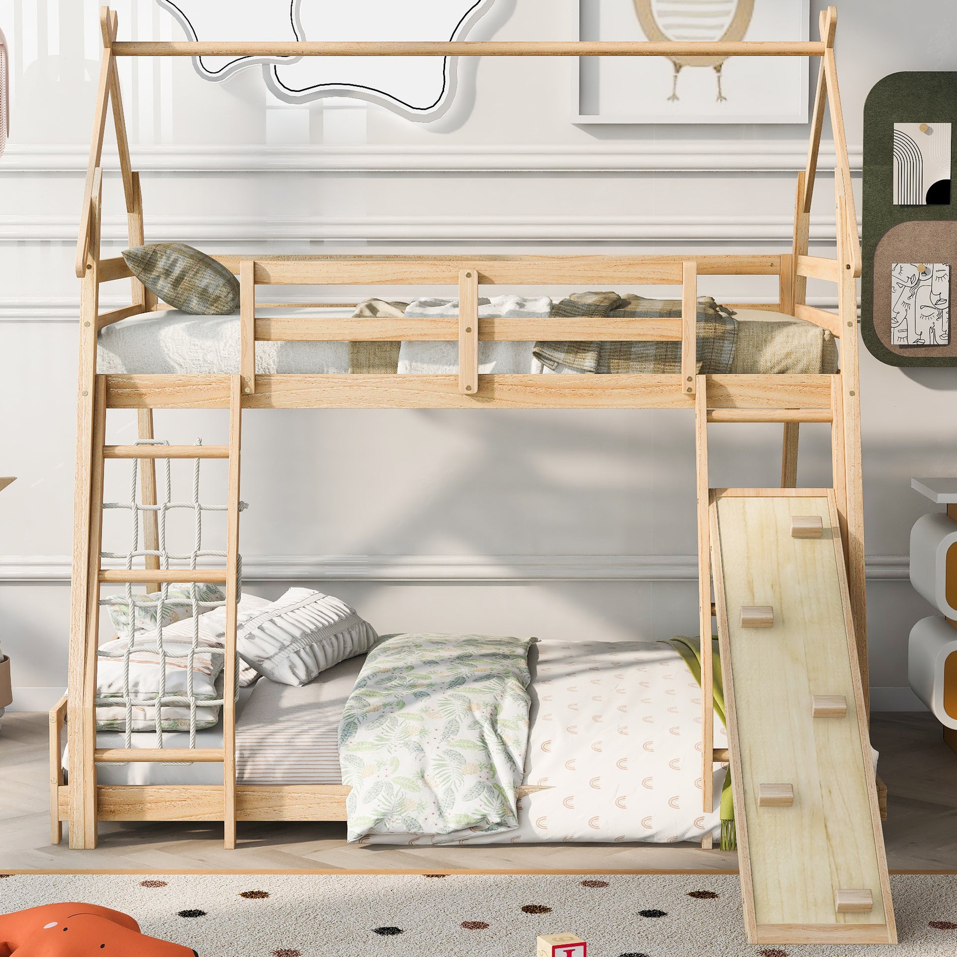 Twin Over Queen House Bunk Bed With Climbing Nets And Climbing Ramp, Natural Box Spring Not Required Natural Wood Bedroom Bunk Solid Wood Mdf