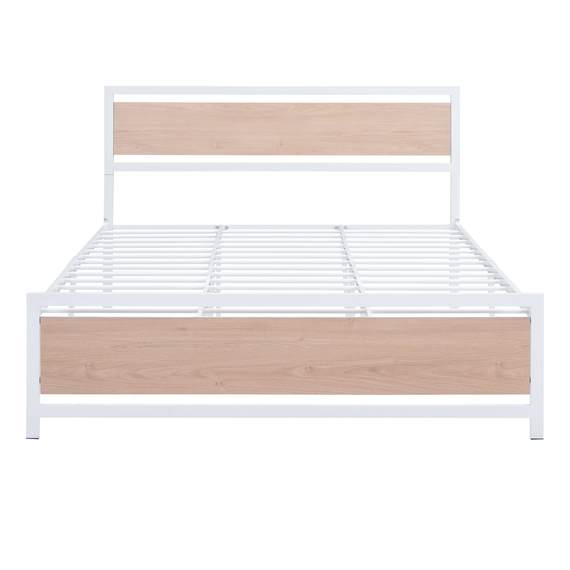 Queen Size Platform Bed, Metal And Wood Bed Frame With Headboard And Footboardwhite White Metal & Wood