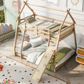 Twin Over Queen House Bunk Bed With Climbing Nets And Climbing Ramp, Natural Box Spring Not Required Natural Wood Bedroom Bunk Solid Wood Mdf