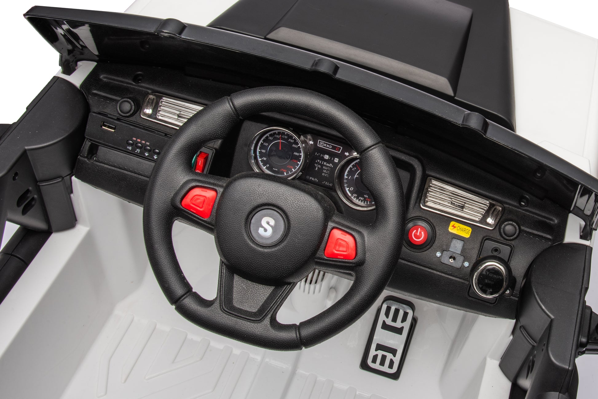 12V7A 30W*2 Four Wheel Drive Leather Seat One Button Start,Forward And Backward, High And Low Speed, Music, Front Light, Power Display, Two Doors Can Open, 2.4G R C, Seat Belt Four Wheel Absorber White Black 100 149 Lbs 5 To 8 Years Iron Plastic Outdoor