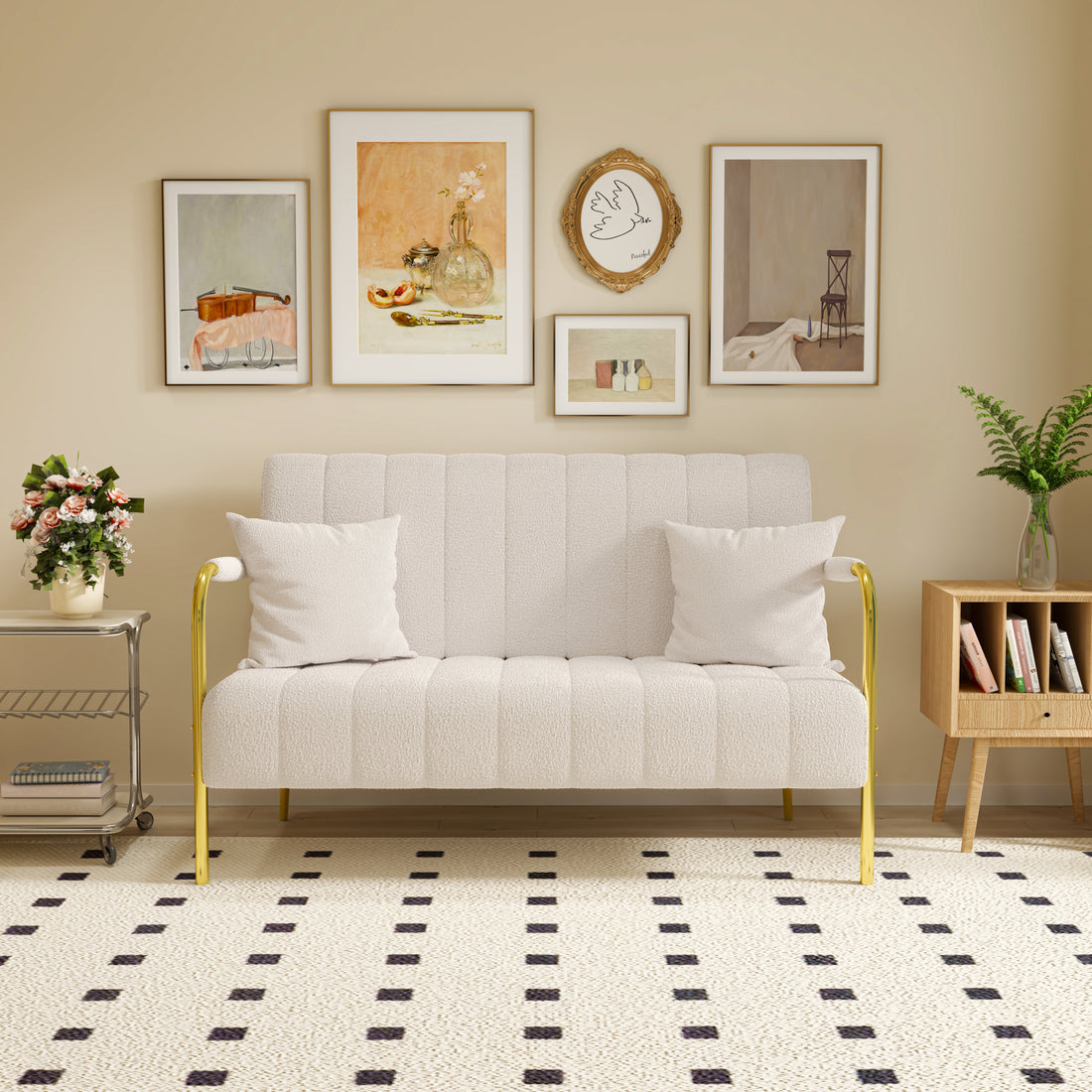 59 Inch Beige Sofa Teddy Fleece, Two Throw Pillows, Suitable For Living Room, Apartment, Home Office Beige Fabric 2 Seat