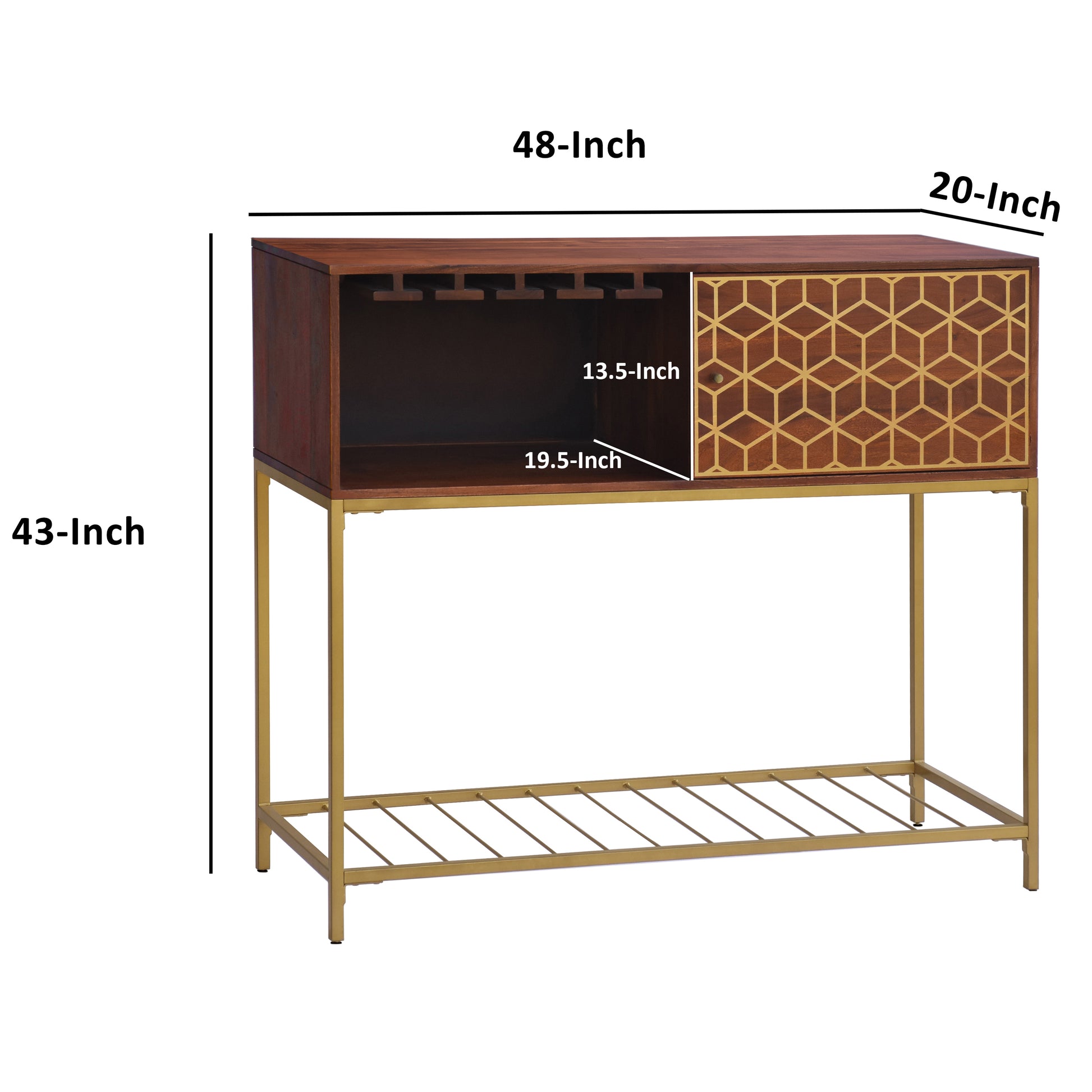 Kalyn 48 Inch Acacia Wood Bar Cabinet, 1 Door, Metal Frame, Geometric Screen Printed Design, Brown, Brass Brown Metal & Wood