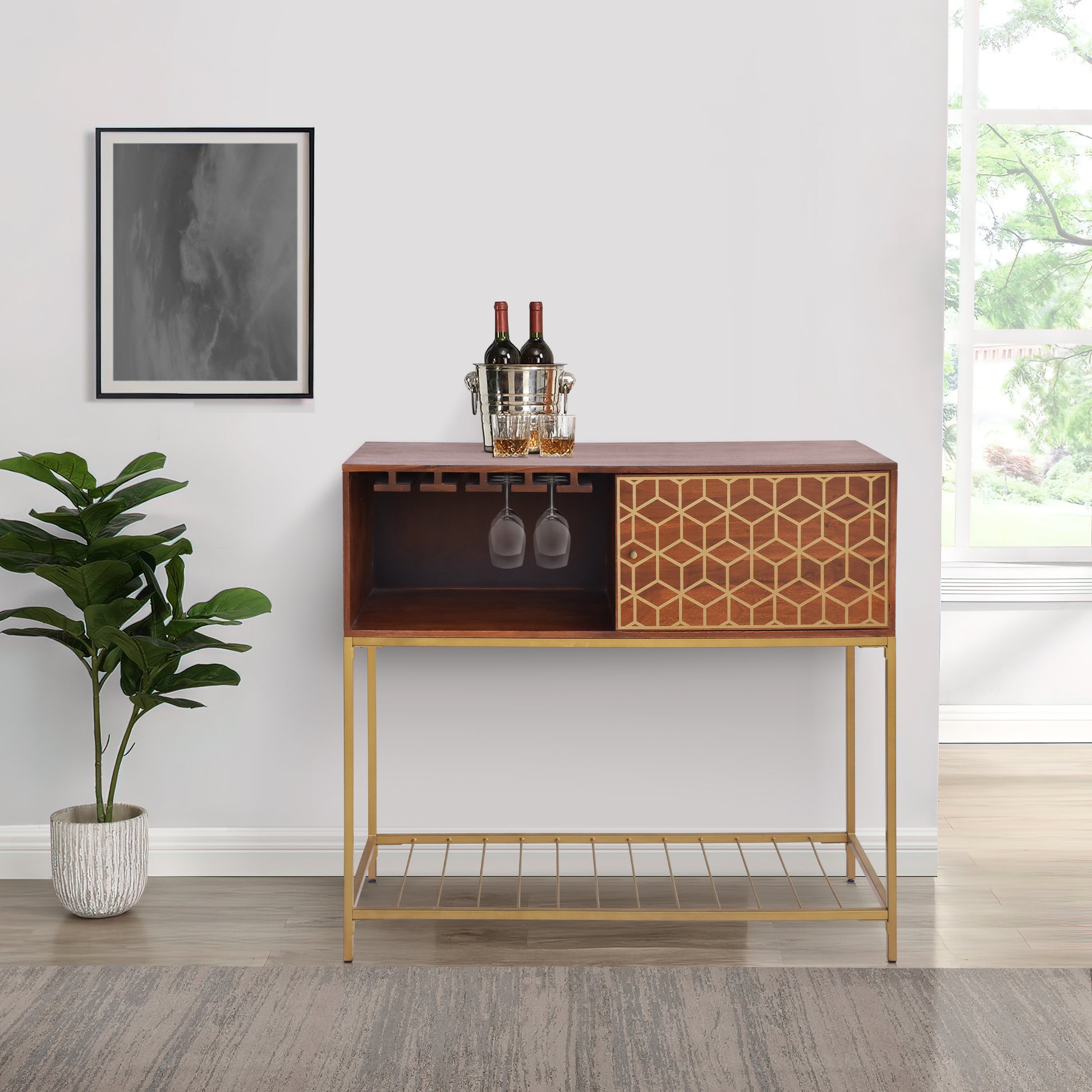 Kalyn 48 Inch Acacia Wood Bar Cabinet, 1 Door, Metal Frame, Geometric Screen Printed Design, Brown, Brass Brown Metal & Wood