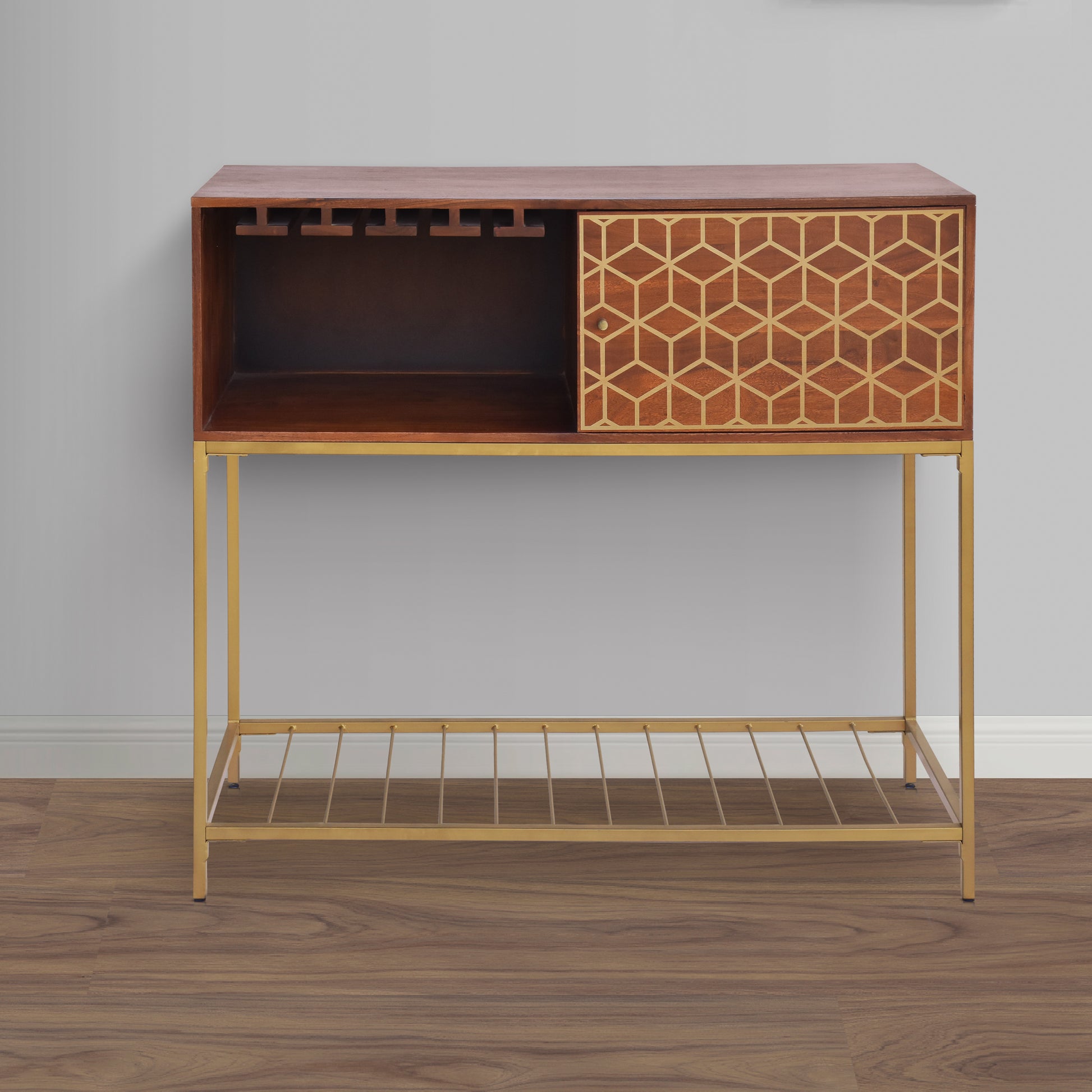 Kalyn 48 Inch Acacia Wood Bar Cabinet, 1 Door, Metal Frame, Geometric Screen Printed Design, Brown, Brass Brown Metal & Wood