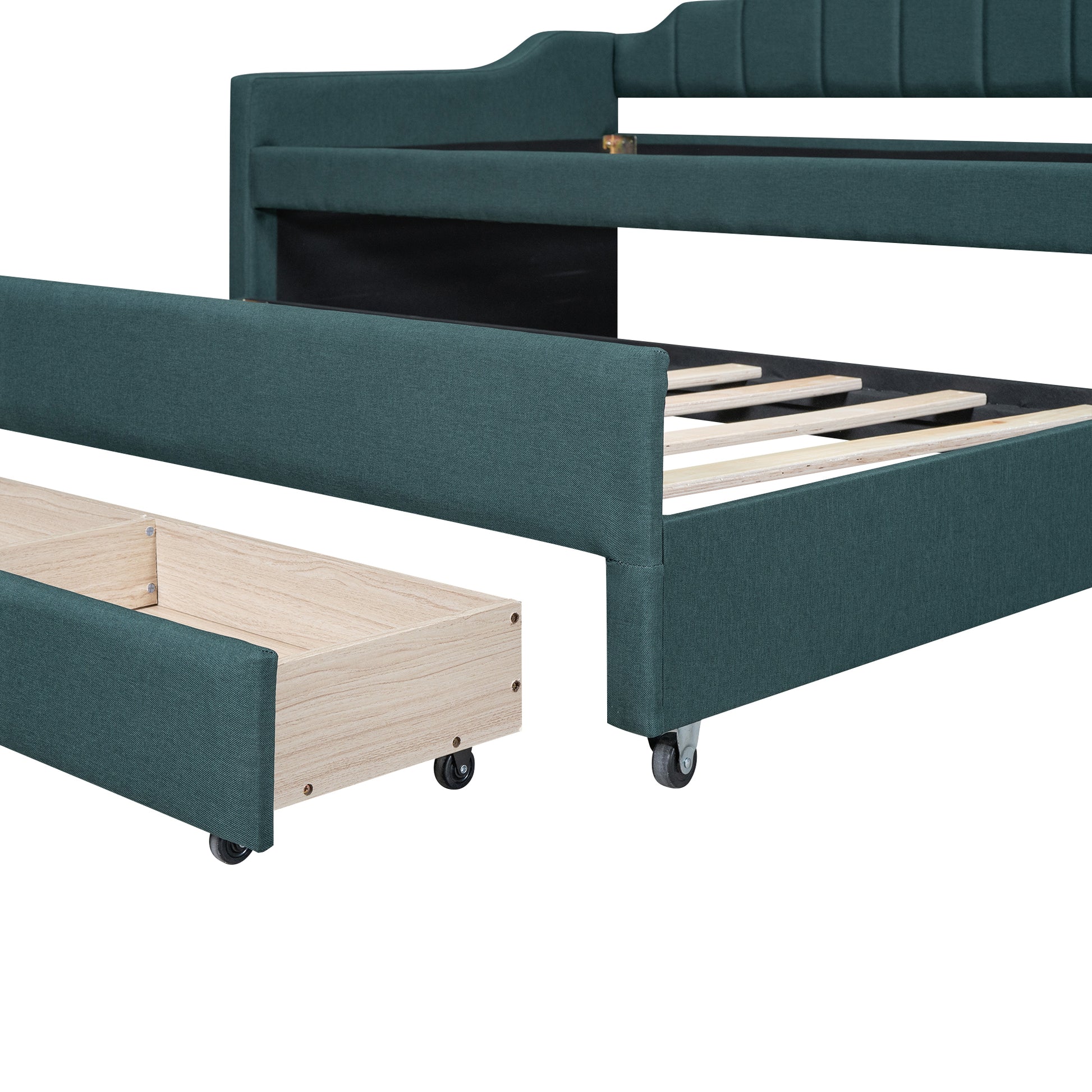Twin Size Upholstered Daybed With Trundle And Three Drawers,Green Twin Green Linen