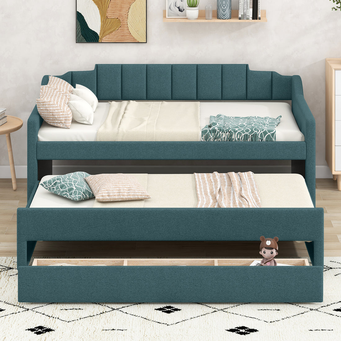 Twin Size Upholstered Daybed With Trundle And Three Drawers,Green Twin Green Linen