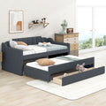 Twin Size Upholstered Daybed With Trundle And Three Drawers,Grey Box Spring Not Required Twin Grey Wood Linen Linen